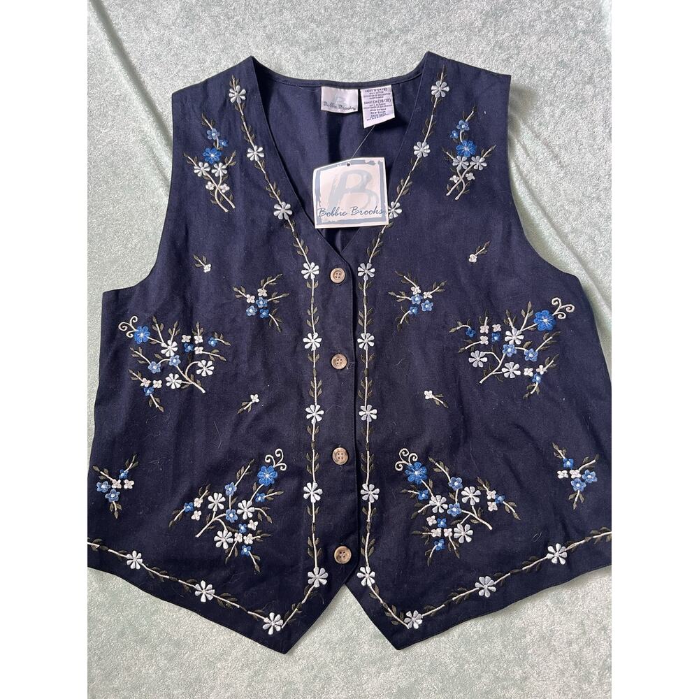 Vintage Bobbie Brooks Navy Blue Embroidered Vest Cottagecore Deadstock NWT S